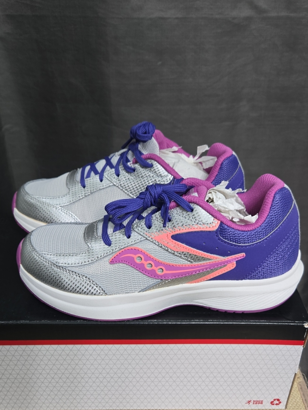 Saucony Silver Purple Kids Sneakers with Pink Accent